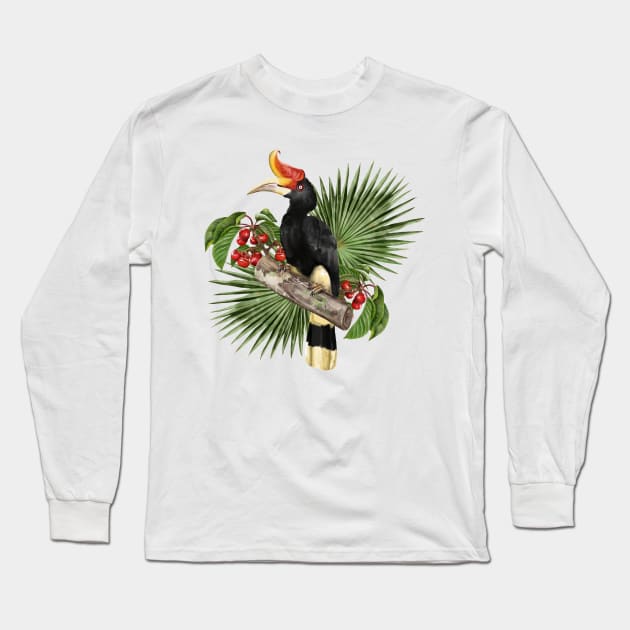 Illustration Hand drawn of Hornbill bird and flowers. Long Sleeve T-Shirt by Lewzy Design